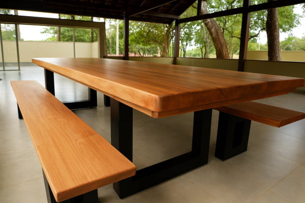 Mesa Rústica Madeira Maciça de Jequitibá Tampão(350cm x 90cm x 5,5cm)   com 2 Bancos Laterais medidas(350cm x 36cm x 4cm) tudo com Pés de Ferro Metalom Preto 100mm x 100mm - Acabamento FOSCO - 12 Pessoas