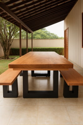 Mesa Rústica Madeira Maciça de Jequitibá Tampão(350cm x 90cm x 5,5cm)   com 2 Bancos Laterais medidas(350cm x 36cm x 4cm) tudo com Pés de Ferro Metalom Preto 100mm x 100mm - Acabamento FOSCO - 12 Pessoas