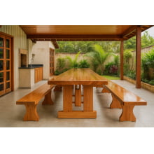 Mesa Rústica Madeira Maciça Tampão (500cm x 90cm x 5cm) com 2 Bancos rústicos tampão(500cm x 36cm x 4cm) tudo em Madeira Maciça JEQUITIBÁ  - 3 Pés da Mesa formato TORRE MODELO EXCLUSIVO - Acabamento Verniz Auto Brilho
