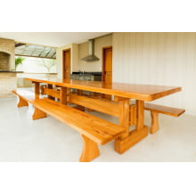 Mesa Rústica Madeira Maciça Tampão (500cm x 90cm x 5cm) com 2 Bancos rústicos tampão(500cm x 36cm x 4cm) tudo em Madeira Maciça JEQUITIBÁ  - 3 Pés da Mesa formato TORRE MODELO EXCLUSIVO - Acabamento Verniz Auto Brilho