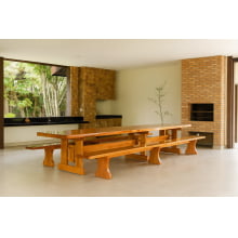 Mesa Rústica Madeira Maciça Tampão (500cm x 90cm x 5cm) com 2 Bancos rústicos tampão(500cm x 36cm x 4cm) tudo em Madeira Maciça JEQUITIBÁ  - 3 Pés da Mesa formato TORRE MODELO EXCLUSIVO - Acabamento Verniz Auto Brilho