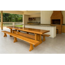 Mesa Rústica Madeira Maciça Tampão (500cm x 90cm x 5cm) com 2 Bancos rústicos tampão(500cm x 36cm x 4cm) tudo em Madeira Maciça JEQUITIBÁ  - 3 Pés da Mesa formato TORRE MODELO EXCLUSIVO - Acabamento Verniz Auto Brilho