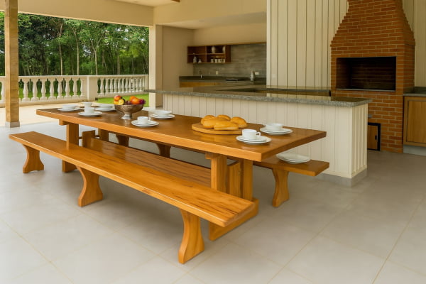 Mesa Rústica Madeira Maciça Tampão (500cm x 90cm x 5cm) com 2 Bancos rústicos tampão(500cm x 36cm x 4cm) tudo em Madeira Maciça JEQUITIBÁ  - 3 Pés da Mesa formato TORRE MODELO EXCLUSIVO - Acabamento Verniz Auto Brilho