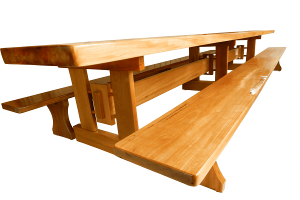 Mesa Rústica Madeira Maciça Tampão (500cm x 90cm x 5cm) com 2 Bancos rústicos tampão(500cm x 36cm x 4cm) tudo em Madeira Maciça JEQUITIBÁ  - 3 Pés da Mesa formato TORRE MODELO EXCLUSIVO - Acabamento Verniz Auto Brilho