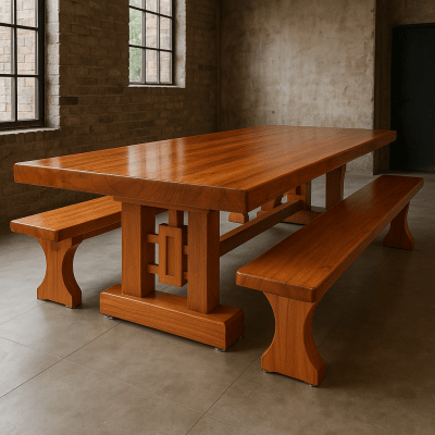 Mesa Rústica Madeira Maciça Tampão (300cm x 90cm x 5cm) com 2 Bancos rústicos tampão(300cm x 36cm x 4cm) tudo em Madeira Maciça JEQUITIBÁ  - 2 Pés da Mesa formato TORRE MODELO EXCLUSIVO - Acabamento Verniz Auto Brilho