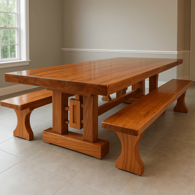 Mesa Rústica Madeira Maciça Tampão (300cm x 90cm x 5cm) com 2 Bancos rústicos tampão(300cm x 36cm x 4cm) tudo em Madeira Maciça JEQUITIBÁ  - 2 Pés da Mesa formato TORRE MODELO EXCLUSIVO - Acabamento Verniz Auto Brilho