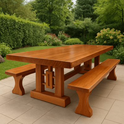 Mesa Rústica Madeira Maciça Tampão (300cm x 90cm x 5cm) com 2 Bancos rústicos tampão(300cm x 36cm x 4cm) tudo em Madeira Maciça JEQUITIBÁ  - 2 Pés da Mesa formato TORRE MODELO EXCLUSIVO - Acabamento Verniz Auto Brilho