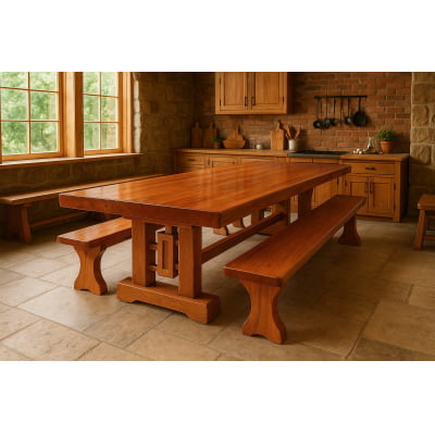 Mesa Rústica Madeira Maciça Tampão (300cm x 90cm x 5cm) com 2 Bancos rústicos tampão(300cm x 36cm x 4cm) tudo em Madeira Maciça JEQUITIBÁ  - 2 Pés da Mesa formato TORRE MODELO EXCLUSIVO - Acabamento Verniz Auto Brilho