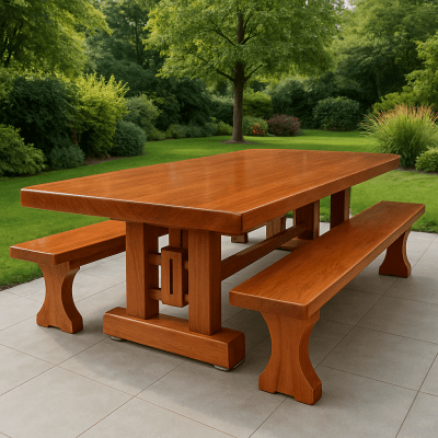 Mesa Rústica Madeira Maciça Tampão (300cm x 90cm x 5cm) com 2 Bancos rústicos tampão(300cm x 36cm x 4cm) tudo em Madeira Maciça JEQUITIBÁ  - 2 Pés da Mesa formato TORRE MODELO EXCLUSIVO - Acabamento Verniz Auto Brilho