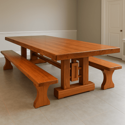 Mesa Rústica Madeira Maciça Tampão (300cm x 90cm x 5cm) com 2 Bancos rústicos tampão(300cm x 36cm x 4cm) tudo em Madeira Maciça JEQUITIBÁ  - 2 Pés da Mesa formato TORRE MODELO EXCLUSIVO - Acabamento Verniz Auto Brilho