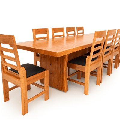 Conjunto de Mesa em Madeira Maciça Angelim tampão(300cm x 85 a 90cm x 5,5cm) com 10 Cadeiras Coloniais Rústicas Angelim Estofadas no Assento - Pés Formato Taça - Acabamento Verniz Auto Brilho – 10 lugares