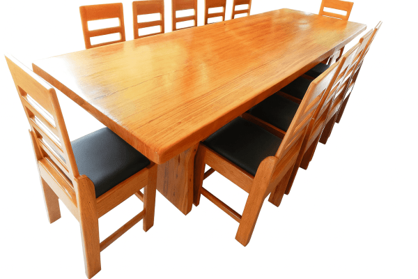 Conjunto de Mesa em Madeira Maciça Angelim tampão(300cm x 85 a 90cm x 5,5cm) com 10 Cadeiras Coloniais Rústicas Angelim Estofadas no Assento - Pés Formato Taça - Acabamento Verniz Auto Brilho – 10 lugares