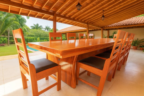 Conjunto de Mesa em Madeira Maciça Angelim tampão(300cm x 85 a 90cm x 5,5cm) com 10 Cadeiras Coloniais Rústicas Angelim Estofadas no Assento - Pés Formato Taça - Acabamento Verniz Auto Brilho – 10 lugares