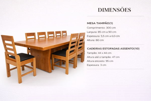 Conjunto de Mesa em Madeira Maciça Angelim tampão(300cm x 85 a 90cm x 5,5cm) com 10 Cadeiras Coloniais Rústicas Angelim Estofadas no Assento - Pés Formato Taça - Acabamento Verniz Auto Brilho – 10 lugares