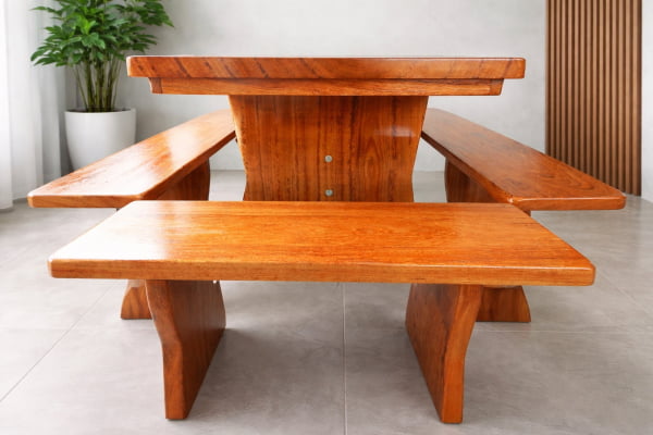 Conjunto Mesa Madeira Maciça Angelim Tampão (300cm x 90cm x 5,5cm) Pés Formato Taça com 2 bancos laterais(300cm x 36cm x 4cm) e 2 bancos Cabeceira(90cm x 36cm x 4cm) -  Acabamento FOSCO - 12 lugares