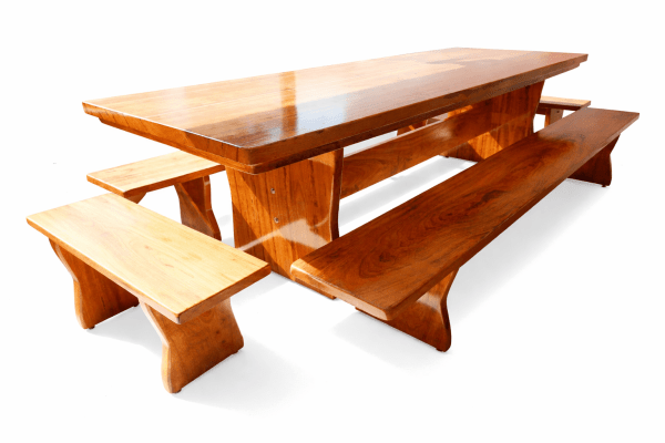 Conjunto Mesa Madeira Maciça Angelim Tampão (300cm x 90cm x 5,5cm) Pés Formato Taça com 2 bancos laterais(300cm x 36cm x 4cm) e 2 bancos Cabeceira(90cm x 36cm x 4cm) -  Acabamento FOSCO - 12 lugares