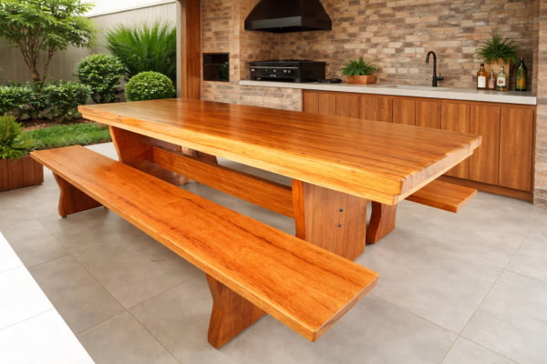 Conjunto Mesa Rústica (250cm x 85cm x 6,0cm) com 2 Bancos Rústicos (250cm X 36cm x 4cm) de Madeira Maciça de Angelim – Pés Taça - Acabamento Verniz Auto-Brilho - 8 a 10 Lugares