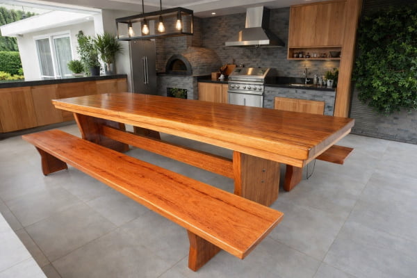 Conjunto Mesa Rústica (250cm x 85cm x 6,0cm) com 2 Bancos Rústicos (250cm X 36cm x 4cm) de Madeira Maciça de Angelim – Pés Taça - Acabamento Verniz Auto-Brilho - 8 a 10 Lugares Conjunto Mesa Rústica (250cm x 85cm x 6,0cm) com 2 Bancos Rústicos (250cm X 36cm x 4cm) de Madeira Maciça de Angelim – Pés Taça - Acabamento Verniz Auto-Brilho - 8 a 10 Lugares