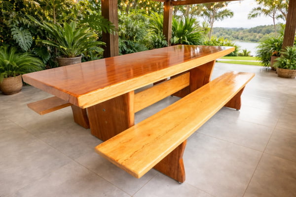 Conjunto Mesa Rústica (250cm x 85cm x 6,0cm) com 2 Bancos Rústicos (250cm X 36cm x 4cm) de Madeira Maciça de Angelim – Pés Taça - Acabamento Verniz Auto-Brilho - 8 a 10 Lugares