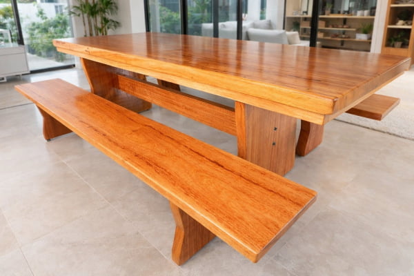 Conjunto Mesa Rústica (250cm x 85cm x 6,0cm) com 2 Bancos Rústicos (250cm  X 36cm x 4cm) de Madeira Maciça de Angelim – Pés Taça - Acabamento Verniz Auto-Brilho - 8 a 10 Lugares