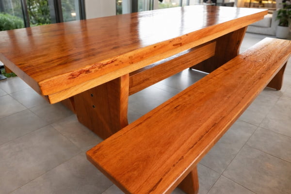 Conjunto Mesa Rústica (250cm x 85cm x 6,0cm) com 2 Bancos Rústicos (250cm  X 36cm x 4cm) de Madeira Maciça de Angelim – Pés Taça - Acabamento Verniz Auto-Brilho - 8 a 10 Lugares