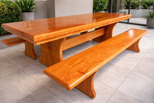 Conjunto Mesa Rústica Angelim Tampão (200cm x 84cm x 5,5cm) + 2 Bancos Rústicos (200cm X 36cm X 4cm) - Pés Taça – Acabamento Verniz Auto Brilho - 06 lugares Conjunto Mesa Rústica Angelim Tampão (200cm x 84cm x 5,5cm) + 2 Bancos Rústicos (200cm X 36cm X 4cm) - Pés Taça – Acabamento Verniz Auto Brilho - 06 lugares