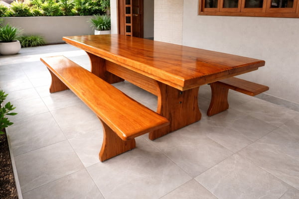 Conjunto Mesa Rústica Angelim Tampão (200cm x 84cm x 5,5cm) + 2 Bancos Rústicos (200cm X 36cm X 4cm) - Pés Taça –  Acabamento Verniz Auto Brilho - 06 lugares