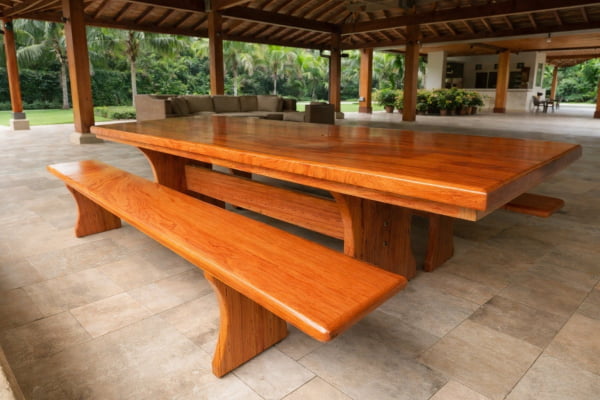 Conjunto Mesa Rústica Angelim Tampão (200cm x 84cm x 5,5cm) + 2 Bancos Rústicos (200cm X 36cm X 4cm) - Pés Taça –  Acabamento Verniz Auto Brilho - 06 lugares