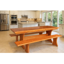 Conjunto Mesa Rústica Churrasco (180cm x 85cm) com 2 Bancos Rústicos (180cm X 36cm) de Madeira Maciça de Angelim – Pés Taça - Acabamento Verniz Auto Brilho - 06 lugares