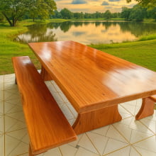 Conjunto Mesa Rústica Churrasco (180cm x 85cm) com 2 Bancos Rústicos (180cm X 36cm) de Madeira Maciça de Angelim – Pés Taça - Acabamento Verniz Auto Brilho - 06 lugares