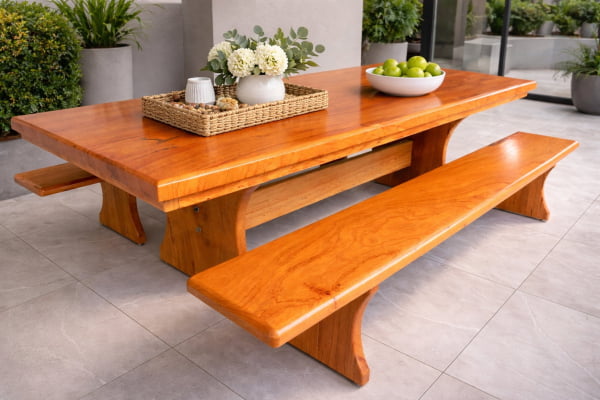 Conjunto Mesa Rústica Churrasco (180cm x 85cm x 6cm) com 2 Bancos Laterais (180cm X 36cm x 4cm) de Madeira Maciça de Angelim – Pés Taça - Acabamento Verniz Auto Brilho - 06 lugares