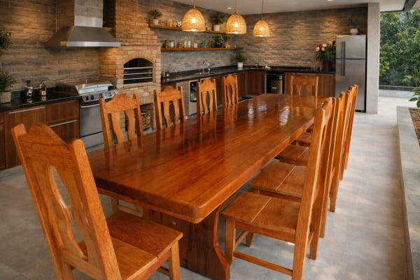 Conjunto Mesa Rústica Churrasco (300cm x 85cm x 5,5cm) com 10 Cadeiras Coloniais Rústicas de Madeira Maciça de Angelim - Pés Formato Taça - Acabamento Verniz PU Auto Brilho – 10 lugares