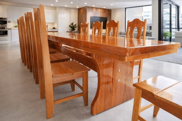 Conjunto Mesa Rústica Churrasco (300cm x 85cm x 5,5cm) com 10 Cadeiras Coloniais Rústicas de Madeira Maciça de Angelim - Pés Formato Taça - Acabamento Verniz PU Auto Brilho – 10 lugares