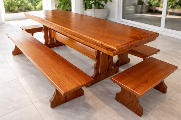 Conjunto Mesa Rústica Churrasco  (300cm x 85cm) com 4 Bancos Rústicos 2(300cm X 36cm x 4cm) e 2(85cm x 36cm x 4c) de Madeira Maciça de Angelim – 12 lugares