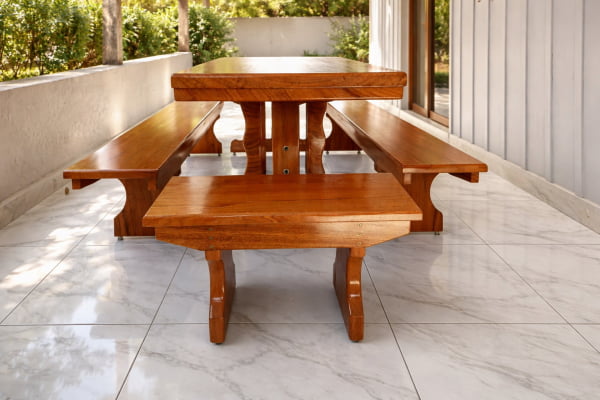 Conjunto Mesa Rústica Churrasco  (300cm x 85cm) com 4 Bancos Rústicos 2(300cm X 36cm x 4cm) e 2(85cm x 36cm x 4c) de Madeira Maciça de Angelim – 12 lugares