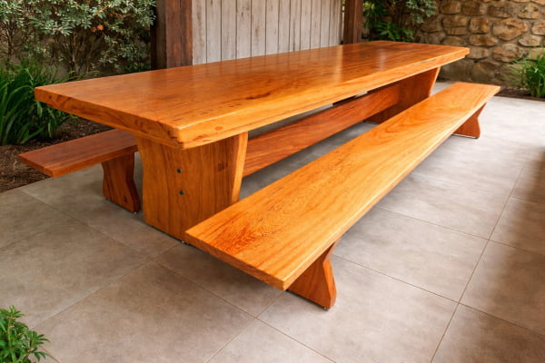 Conjunto Mesa Rústica Churrasco (300cm x 86cm x 5,5cm) com 2 Bancos Rústicos (300cm X 35cm x 4cm ) de Madeira Maciça de Angelim – 10 lugares