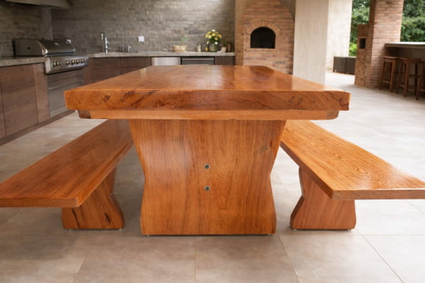 Conjunto Mesa Rústica Churrasco (300cm x 86cm x 5,5cm) com 2 Bancos Rústicos (300cm X 35cm x 4cm ) de Madeira Maciça de Angelim – 10 lugares