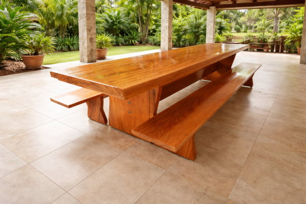 Conjunto Mesa Rústica Churrasco (300cm x 86cm x 5,5cm) com 2 Bancos Rústicos (300cm X 35cm x 4cm ) de Madeira Maciça de Angelim – 10 lugares