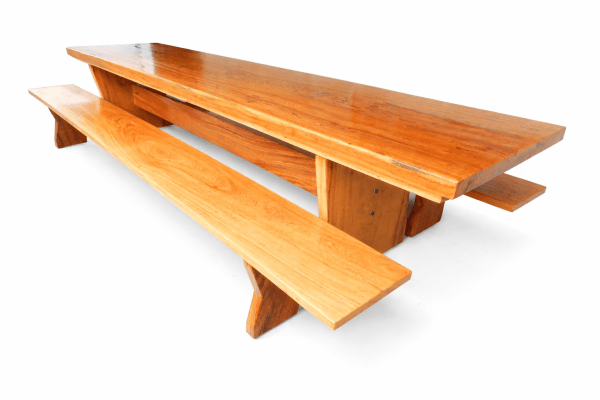 Conjunto Mesa Rústica Churrasco (300cm x 86cm x 5,5cm) com 2 Bancos Rústicos (300cm X 35cm x 4cm ) de Madeira Maciça de Angelim – 10 lugares