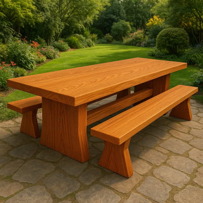 Conjunto Mesa Rústica Churrasco (300cm x 86cm x 6,5cm) com 2 Bancos Rústicos (300cm X 35cm x 5cm ) de Madeira Maciça de Angelim – 10 lugares