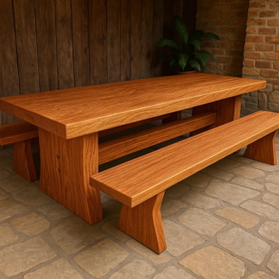Conjunto Mesa Rústica Churrasco (300cm x 86cm x 6,5cm) com 2 Bancos Rústicos (300cm X 35cm x 5cm ) de Madeira Maciça de Angelim – 10 lugares