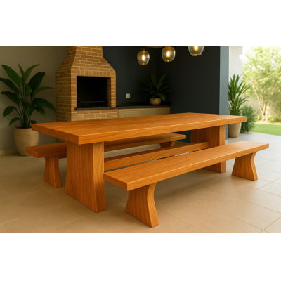 Conjunto Mesa Rústica Churrasco (300cm x 86cm x 6,5cm) com 2 Bancos Rústicos (300cm X 35cm x 5cm ) de Madeira Maciça de Angelim – 10 lugares