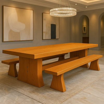 Conjunto Mesa Rústica Churrasco (300cm x 86cm x 6,5cm) com 2 Bancos Rústicos (300cm X 35cm x 5cm ) de Madeira Maciça de Angelim – 10 lugares