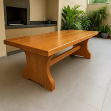 Conjunto Mesa Rústica Churrasco (300cm x 86cm x 6,5cm) com 2 Bancos Rústicos (300cm X 35cm x 5cm ) de Madeira Maciça de Angelim – 10 lugares