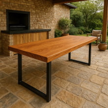Conjunto Mesa Rústica Churrasco (300cm x 86cm x 6,5cm) com 2 Bancos Rústicos (300cm X 35cm x 5cm ) de Madeira Maciça de Angelim – 10 lugares