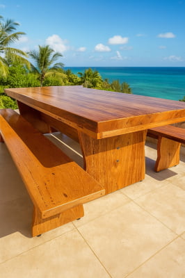 Conjunto Mesa Rústica Churrasco (300cm x 86cm x 6,5cm) com 2 Bancos Rústicos (300cm X 35cm x 5cm ) de Madeira Maciça de Angelim – 10 lugares