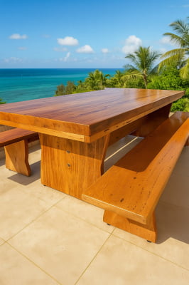 Conjunto Mesa Rústica Churrasco (300cm x 86cm x 6,5cm) com 2 Bancos Rústicos (300cm X 35cm x 5cm ) de Madeira Maciça de Angelim – 10 lugares