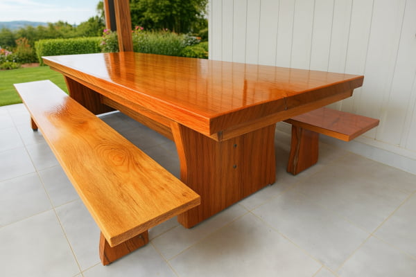 Conjunto Mesa Rústica Churrasco (300cm x 86cm x 6,5cm) com 2 Bancos Rústicos (300cm X 35cm x 5cm ) de Madeira Maciça de Angelim – 10 lugares