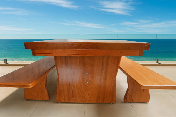 Conjunto Mesa Rústica Churrasco (300cm x 86cm x 6,5cm) com 2 Bancos Rústicos (300cm X 35cm x 5cm ) de Madeira Maciça de Angelim – 10 lugares
