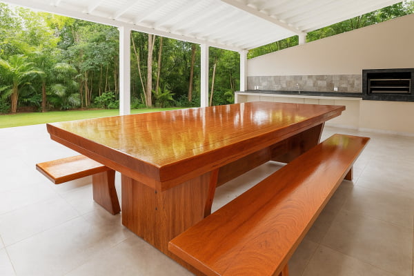 Conjunto Mesa Rústica Churrasco (300cm x 86cm x 6,5cm) com 2 Bancos Rústicos (300cm X 35cm x 5cm ) de Madeira Maciça de Angelim – 10 lugares